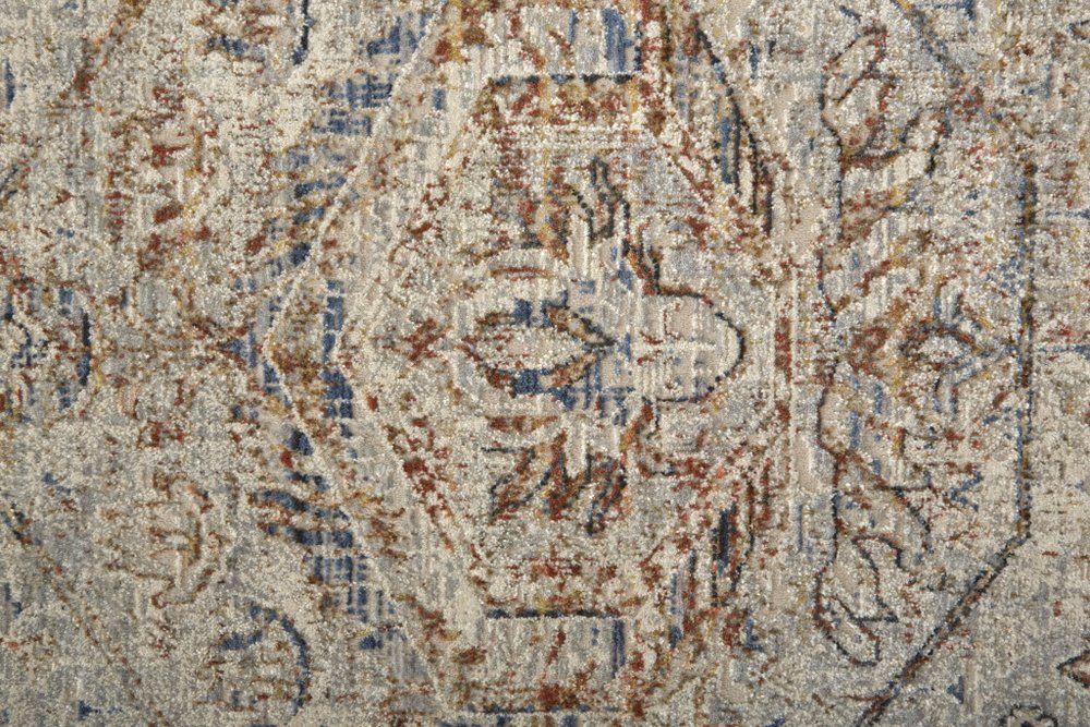 8' X 10' Blue Tan And Red Oriental Distressed Area Rug With Fringe