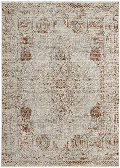 8' X 10' Gray Ivory And Burnt Orange Oriental Distressed Area Rug With Fringe