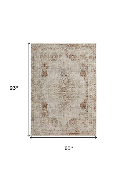 8' X 10' Gray Ivory And Burnt Orange Oriental Distressed Area Rug With Fringe