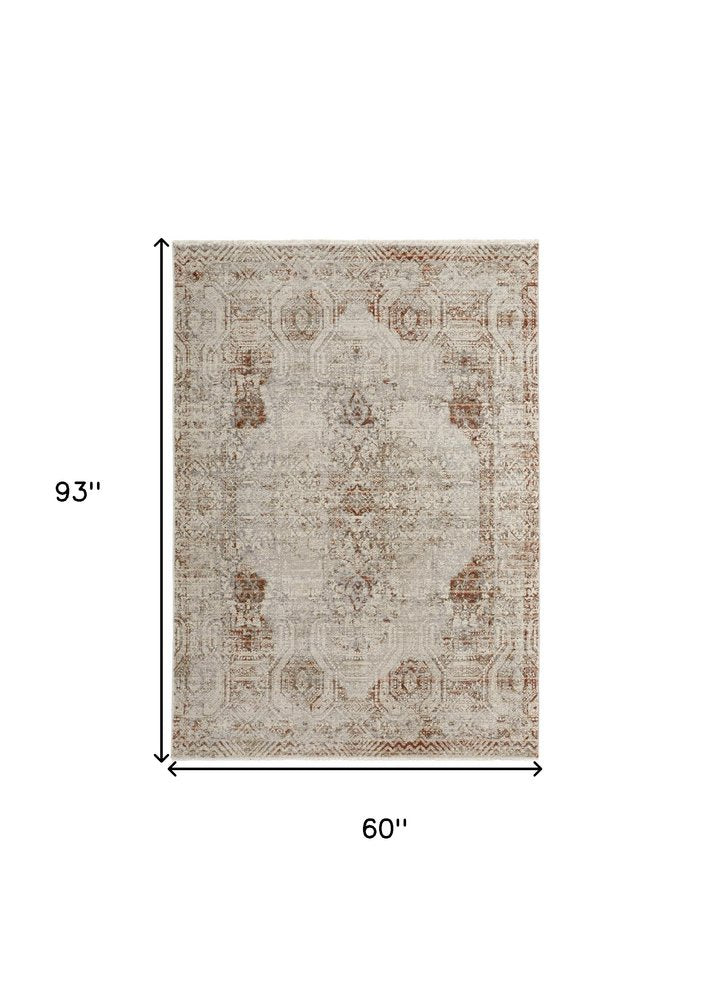 8' X 10' Gray Ivory And Burnt Orange Oriental Distressed Area Rug With Fringe