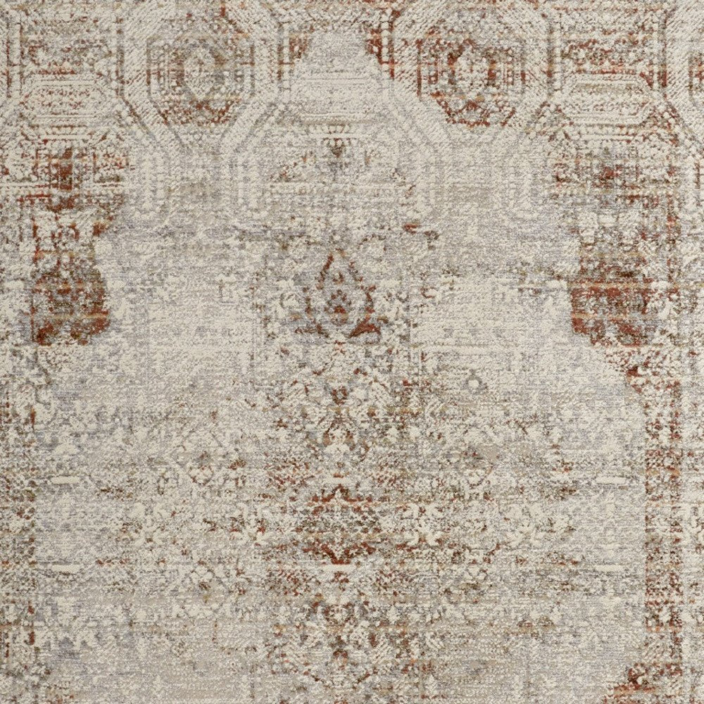 8' X 10' Gray Ivory And Burnt Orange Oriental Distressed Area Rug With Fringe