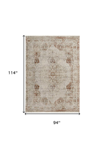 8' X 10' Gray Ivory And Burnt Orange Oriental Distressed Area Rug With Fringe