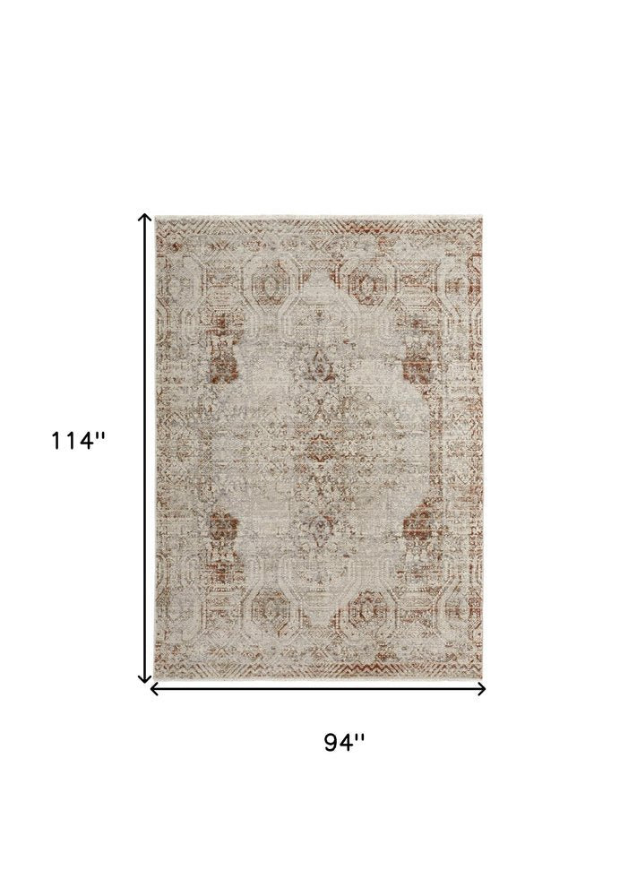 8' X 10' Gray Ivory And Burnt Orange Oriental Distressed Area Rug With Fringe
