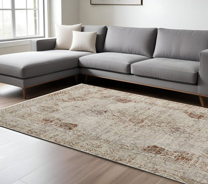 8' X 10' Gray Ivory And Burnt Orange Oriental Distressed Area Rug With Fringe
