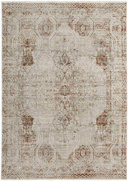 10' X 13' Gray Ivory And Burnt Orange Oriental Distressed Area Rug With Fringe