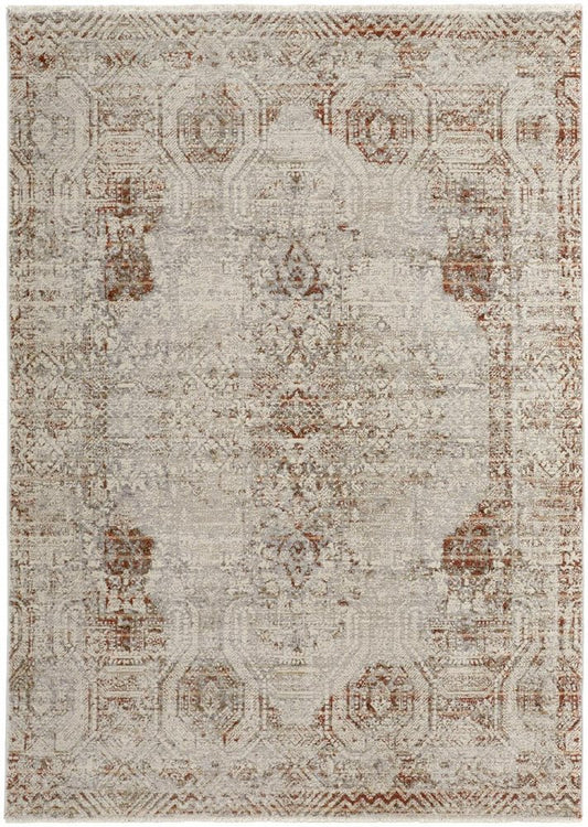 10' X 13' Gray Ivory And Burnt Orange Oriental Distressed Area Rug With Fringe