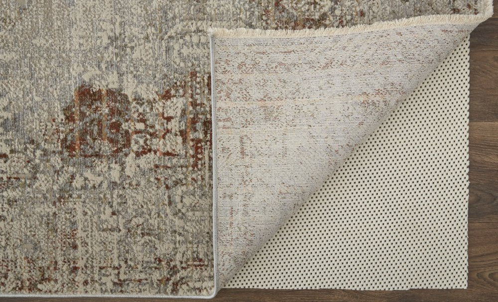 8' X 10' Gray Ivory And Burnt Orange Oriental Distressed Area Rug With Fringe