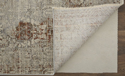 10' X 13' Gray Ivory And Burnt Orange Oriental Distressed Area Rug With Fringe