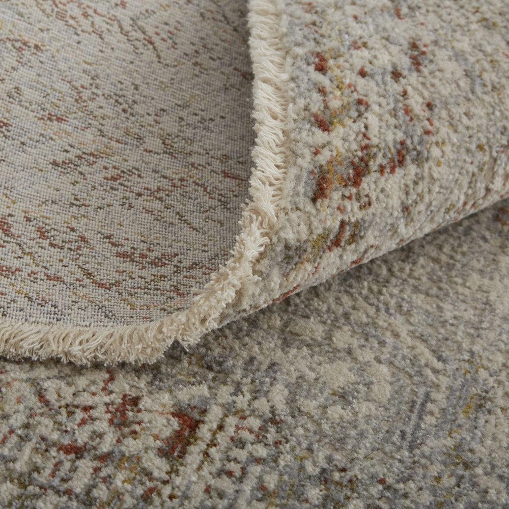 10' X 13' Gray Ivory And Burnt Orange Oriental Distressed Area Rug With Fringe
