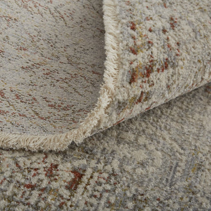 10' X 13' Gray Ivory And Burnt Orange Oriental Distressed Area Rug With Fringe