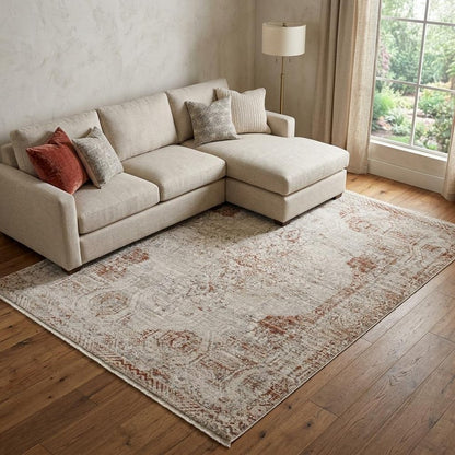 10' X 13' Gray Ivory And Burnt Orange Oriental Distressed Area Rug With Fringe