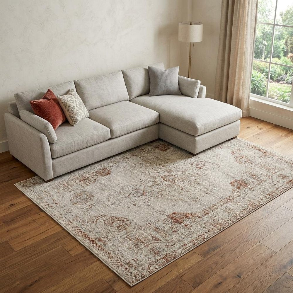 8' X 10' Gray Ivory And Burnt Orange Oriental Distressed Area Rug With Fringe