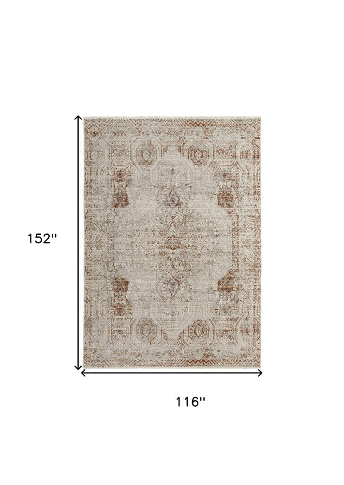 8' X 10' Gray Ivory And Burnt Orange Oriental Distressed Area Rug With Fringe