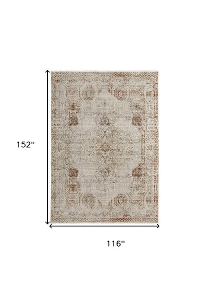 8' X 10' Gray Ivory And Burnt Orange Oriental Distressed Area Rug With Fringe