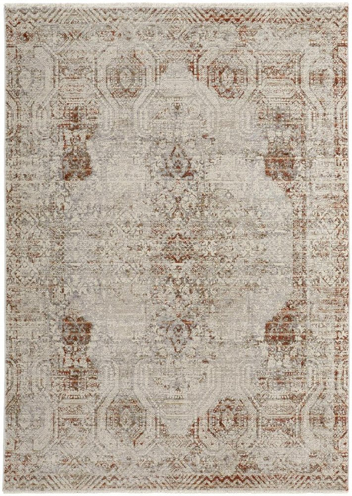 10' X 13' Gray Ivory And Burnt Orange Oriental Distressed Area Rug With Fringe