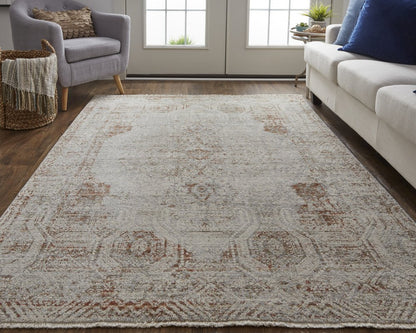 8' X 10' Gray Ivory And Burnt Orange Oriental Distressed Area Rug With Fringe