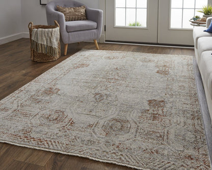 8' X 10' Gray Ivory And Burnt Orange Oriental Distressed Area Rug With Fringe