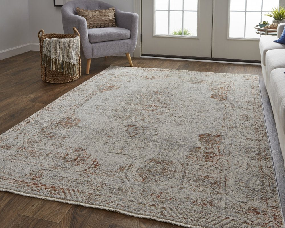 8' X 10' Gray Ivory And Burnt Orange Oriental Distressed Area Rug With Fringe
