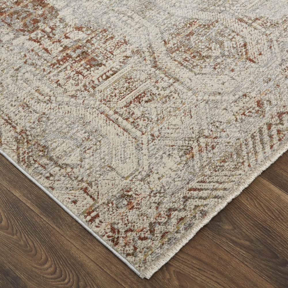 8' X 10' Gray Ivory And Burnt Orange Oriental Distressed Area Rug With Fringe