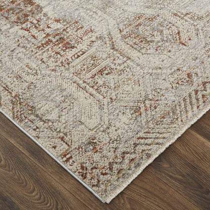 8' X 10' Gray Ivory And Burnt Orange Oriental Distressed Area Rug With Fringe