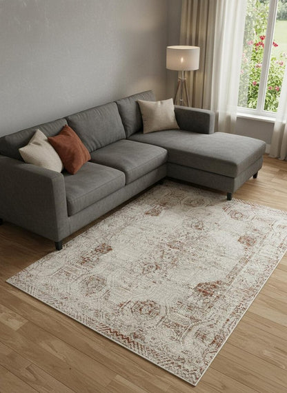 10' X 13' Gray Ivory And Burnt Orange Oriental Distressed Area Rug With Fringe