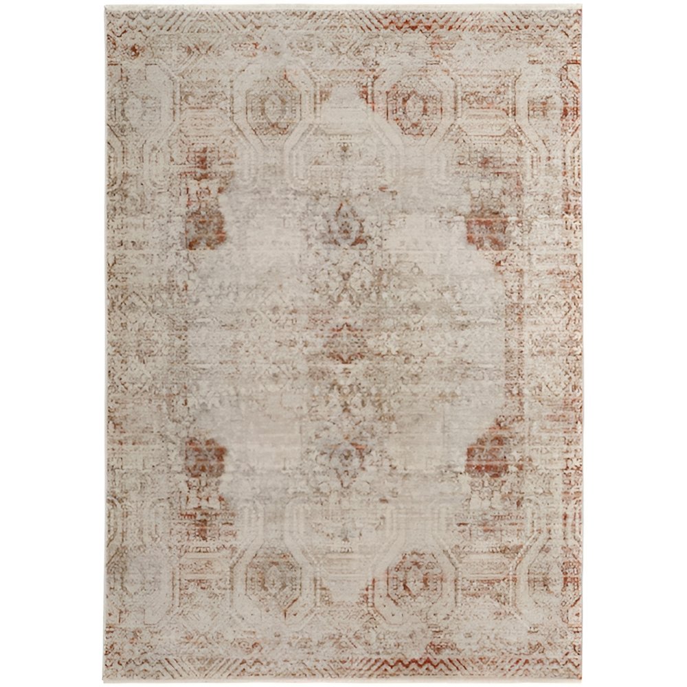 8' X 10' Gray Ivory And Burnt Orange Oriental Distressed Area Rug With Fringe