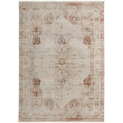 8' X 10' Gray Ivory And Burnt Orange Oriental Distressed Area Rug With Fringe