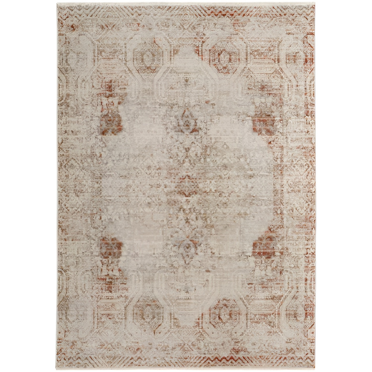 8' X 10' Tan Ivory And Orange Floral Power Loom Distressed Area Rug With Fringe