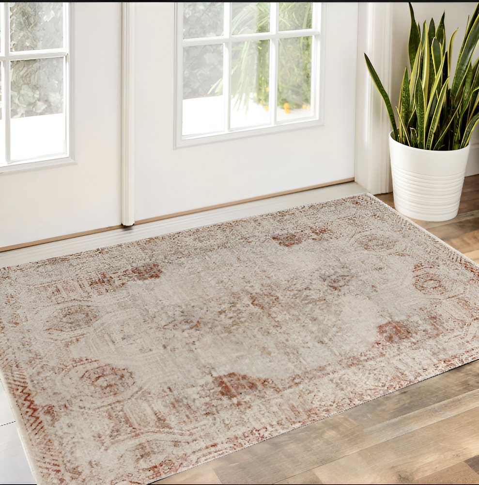 8' X 10' Gray Ivory And Burnt Orange Oriental Distressed Area Rug With Fringe