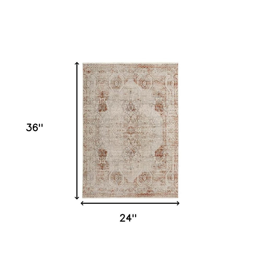 8' X 10' Gray Ivory And Burnt Orange Oriental Distressed Area Rug With Fringe
