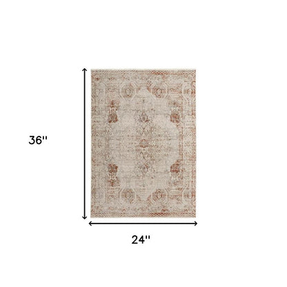 8' X 10' Gray Ivory And Burnt Orange Oriental Distressed Area Rug With Fringe