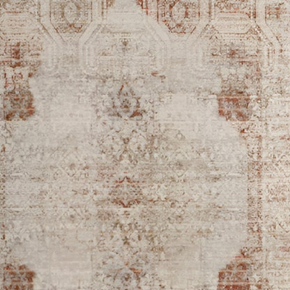 8' X 10' Gray Ivory And Burnt Orange Oriental Distressed Area Rug With Fringe