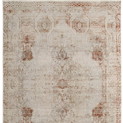 8' X 10' Gray Ivory And Burnt Orange Oriental Distressed Area Rug With Fringe