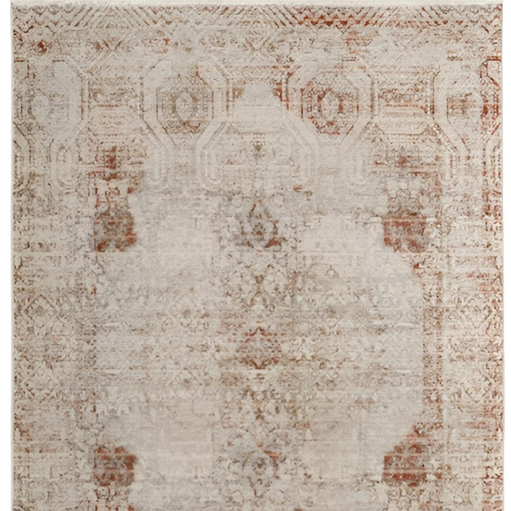 8' X 10' Gray Ivory And Burnt Orange Oriental Distressed Area Rug With Fringe