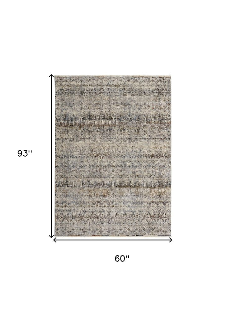 2' X 3' Gray Ivory And Blue Abstract Distressed Area Rug With Fringe