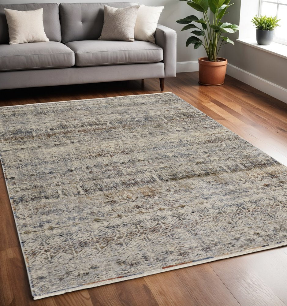 2' X 3' Gray Ivory And Blue Abstract Distressed Area Rug With Fringe