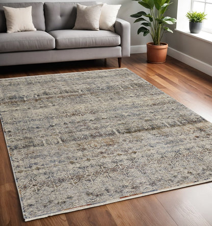 2' X 3' Gray Ivory And Blue Abstract Distressed Area Rug With Fringe