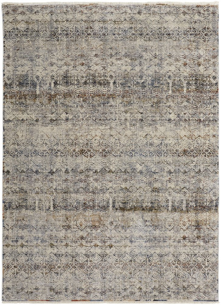 2' X 3' Gray Ivory And Blue Abstract Distressed Area Rug With Fringe
