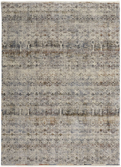2' X 3' Gray Ivory And Blue Abstract Distressed Area Rug With Fringe