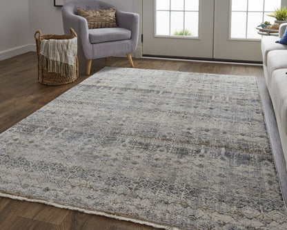 2' X 3' Gray Ivory And Blue Abstract Distressed Area Rug With Fringe