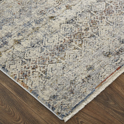 2' X 3' Gray Ivory And Blue Abstract Distressed Area Rug With Fringe
