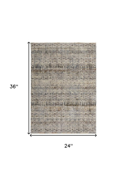 2' X 3' Gray Ivory And Blue Abstract Distressed Area Rug With Fringe