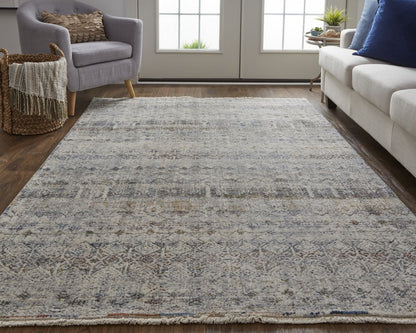 2' X 3' Gray Ivory And Blue Abstract Distressed Area Rug With Fringe