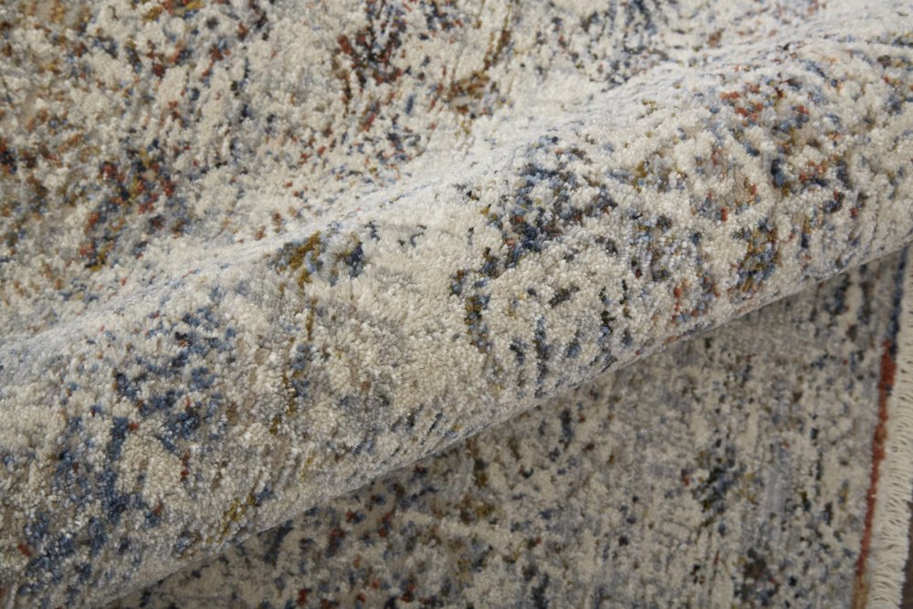 2' X 3' Gray Ivory And Blue Abstract Distressed Area Rug With Fringe