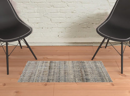 2' X 3' Gray Ivory And Blue Abstract Distressed Area Rug With Fringe