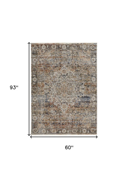 10' X 13' Tan Blue And Burnt Orange Oriental Distressed Area Rug With Fringe