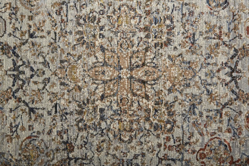 10' X 13' Tan Blue And Burnt Orange Oriental Distressed Area Rug With Fringe