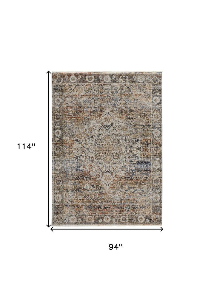 8' X 10' Tan Blue And Burnt Orange Oriental Distressed Area Rug With Fringe