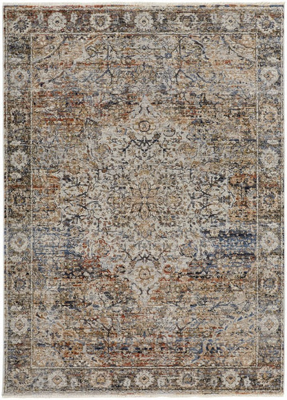 10' X 13' Tan Blue And Burnt Orange Oriental Distressed Area Rug With Fringe