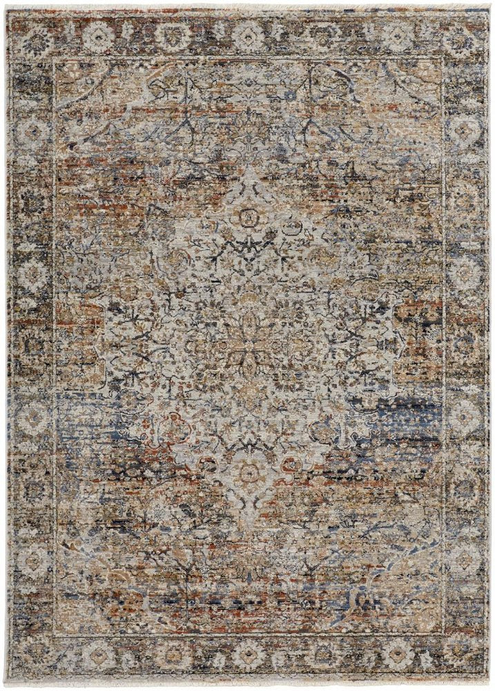 8' X 10' Tan Blue And Burnt Orange Oriental Distressed Area Rug With Fringe